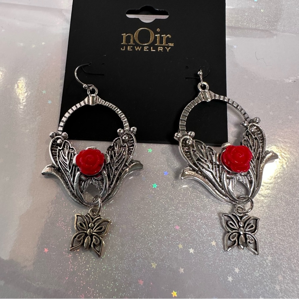 nOir Jewelry | Rose Butterfly Circle Earrings | NWT